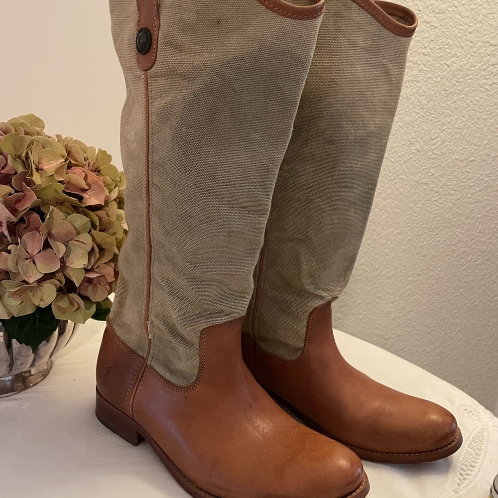 frye 76170 melissa button women canvas leather riding brown pull on